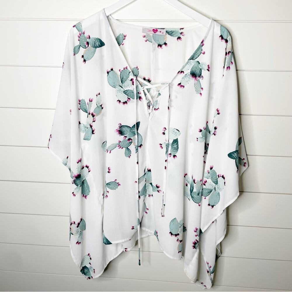 Buddy Love Cactus Print Lace Up Oversized Sheer Tunic White Size Medium